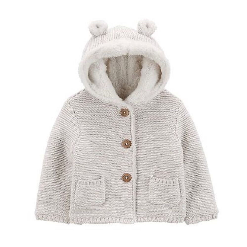 Carters baby Sherpa Lined hooded gray neutral toned cardigan jacket 24 months